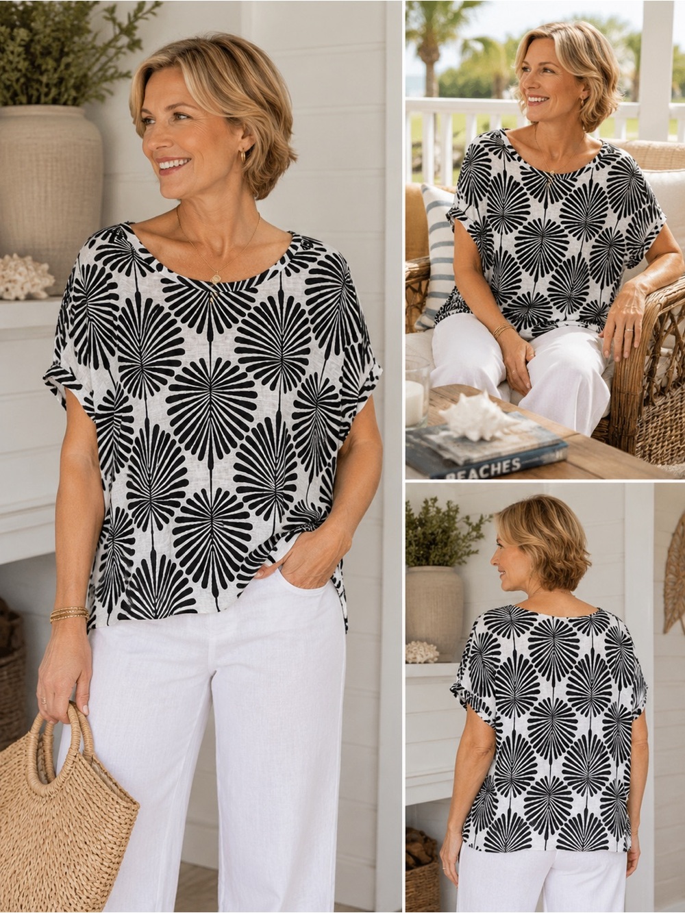Joie Linen Blend Black White Palm Print Boxy Tunic Top XL Coastal Chic